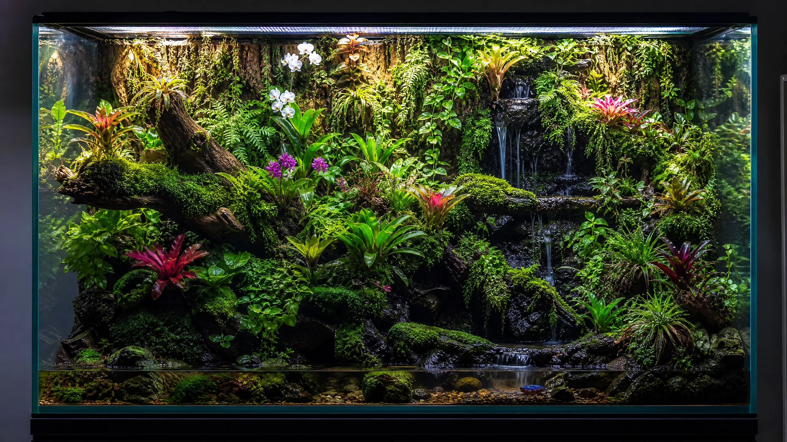 大型热带雨林生态缸造景作品﻿展示瀑布与热带植物